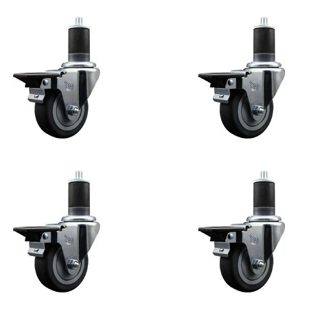 Service Caster 3.5'' Thermoplastic Rubber Swivel 1-5/8'' Expanding Stem Caster Set with Brake, 4PK SCC-EX20S3514-TPRB-PLB-158-4